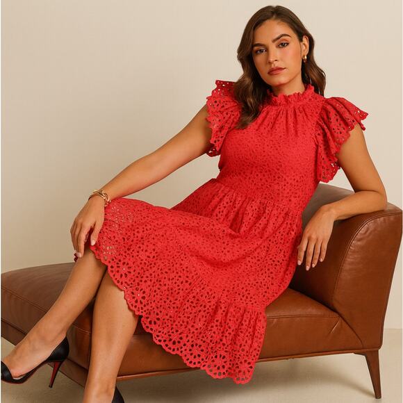 ULLA JOHNSON Norah Eyelet Ruffle Tiered Dress Fuschia Pink Sz 2 $595 {AA54}
